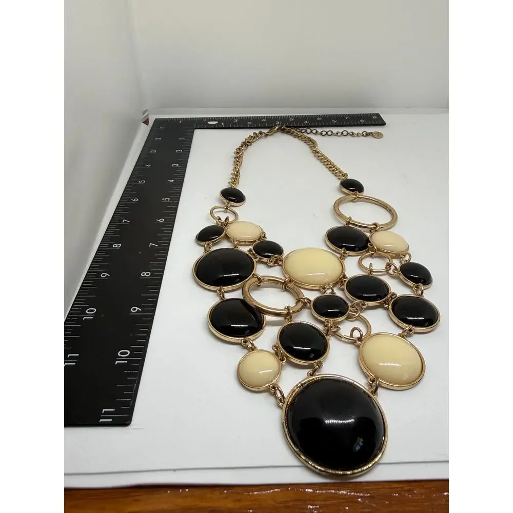 R.J. Graziano Black Cream Statement Necklace Gold Tone Chunky Bib Signed Jewelry
